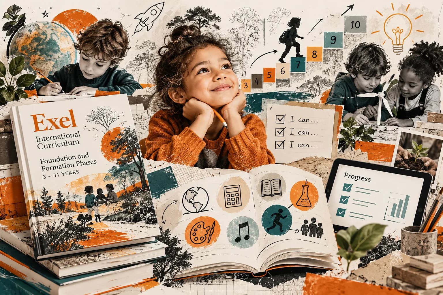A young learner beside the Exel International Curriculum book